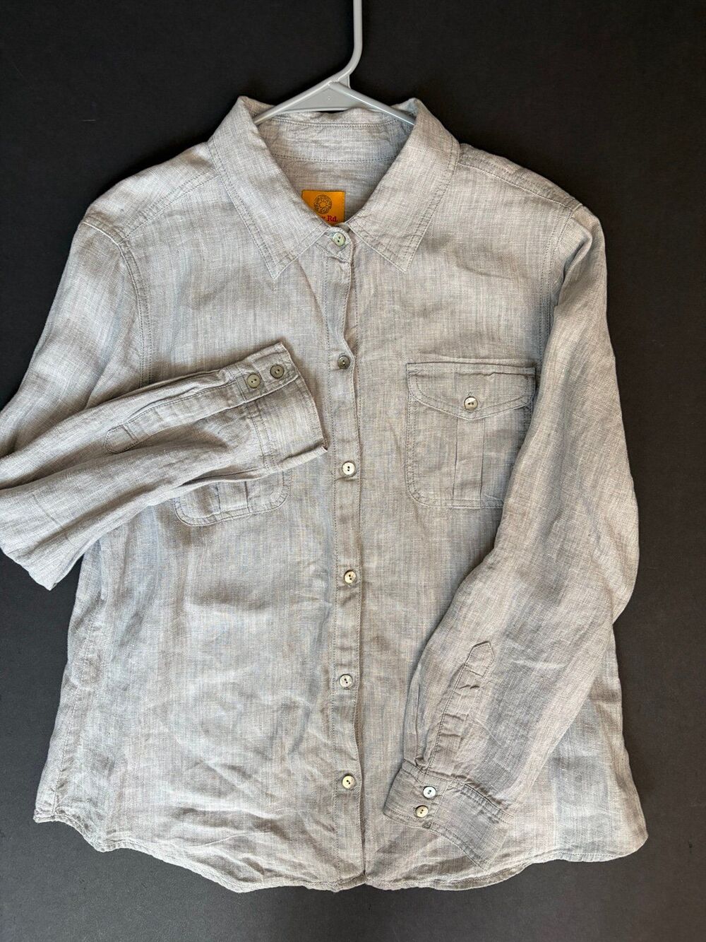 Ruby Rd. 100% Linen Women Petite Large Grey Shirt Minimalist Quiet Luxury Chic
